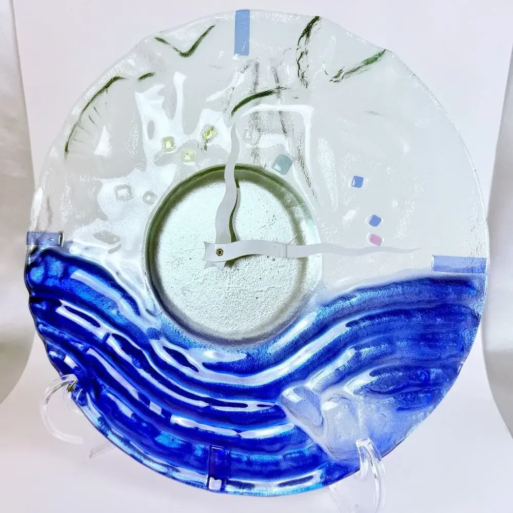 Art Glass Wall Clock Ocean Wave Handmade 11.5